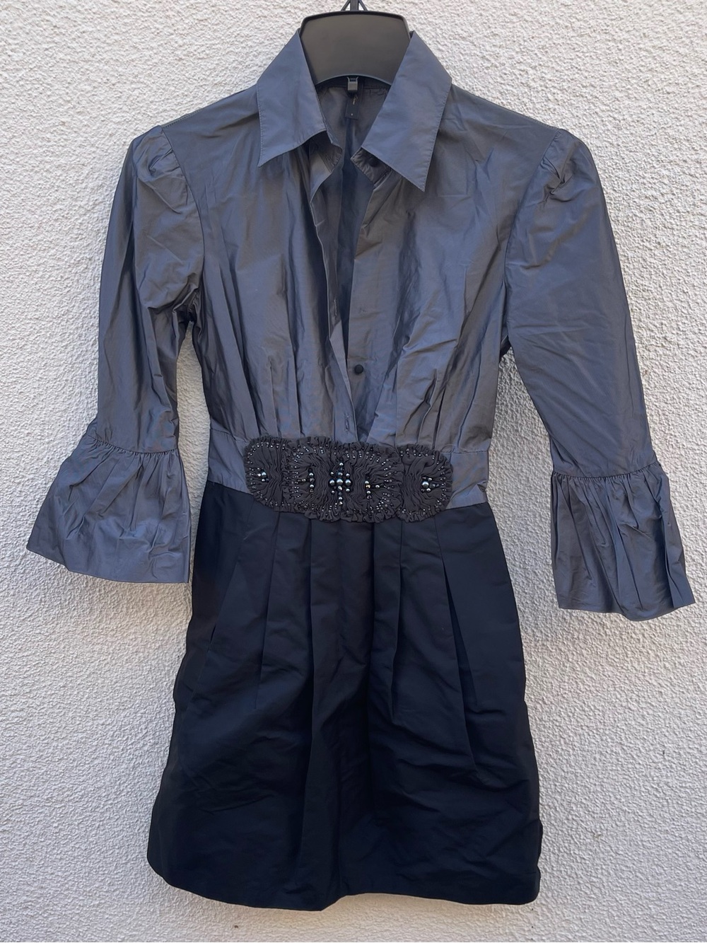 BCBGMaxAzria Gray and Black Two-Tone Shirt Dress with Embellished Waist